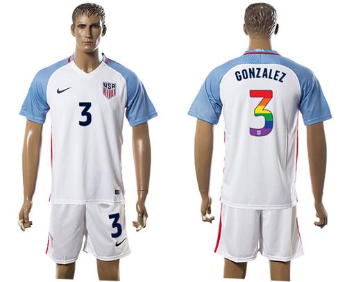 USA #3 Gonzalez White Rainbow Soccer Country Jersey